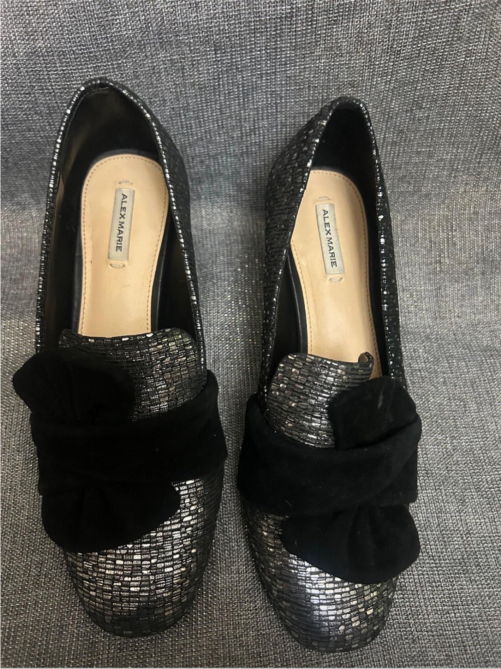Alex Marie Black Metallic Textured Loafers with Knotted Bow Accent